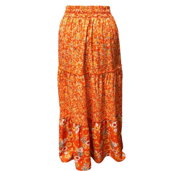 Vintage-Inspired Floral Tiered Maxi Skirt Orange Elastic Waist XL - Picture 2 of 8